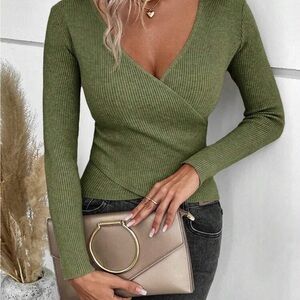 SHEIN Olive Green Ribbed Wrap V-Neck Sweater